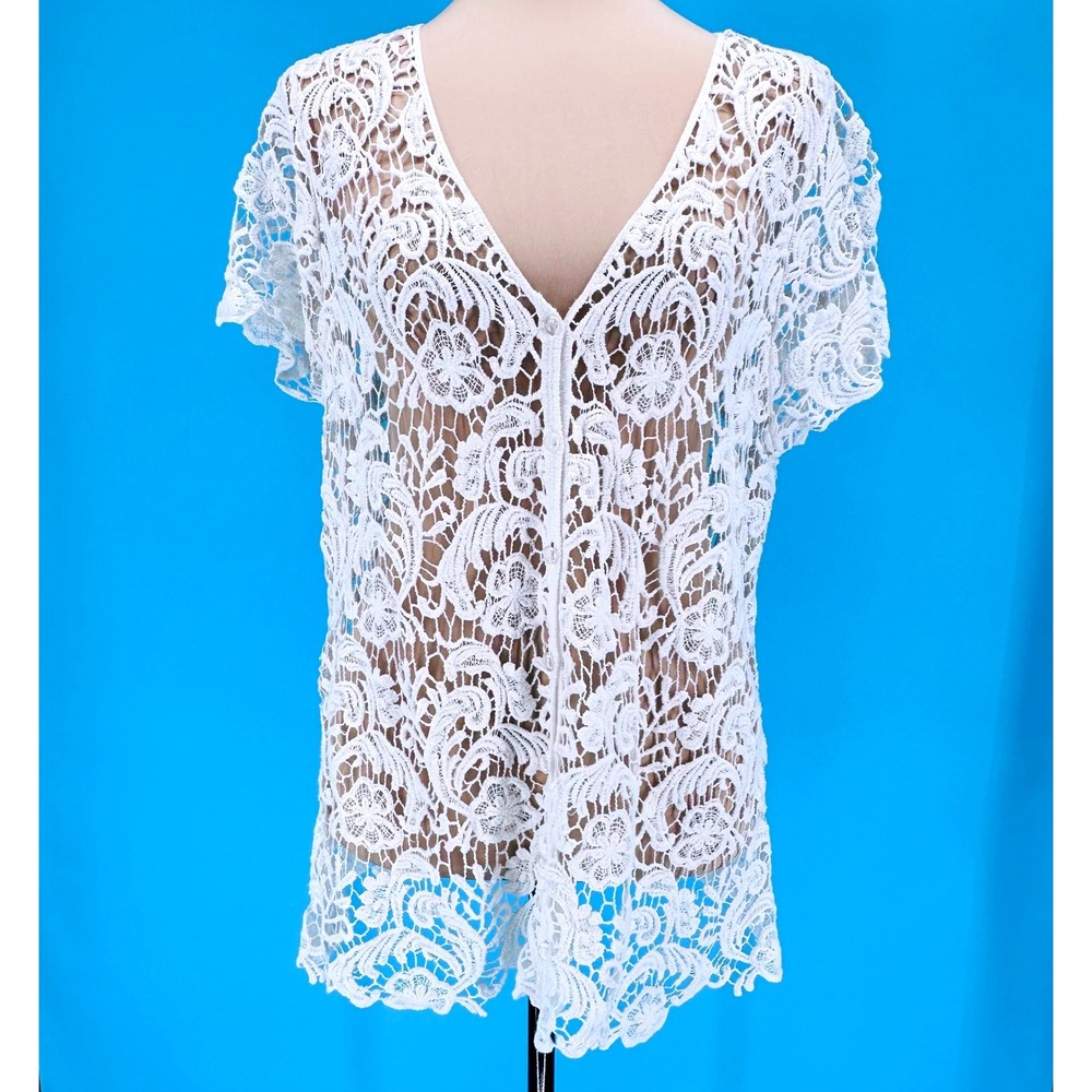 Say What Womens White Floral Crochet Lace Cardigan V-Neck Short Sleeve Top 2X